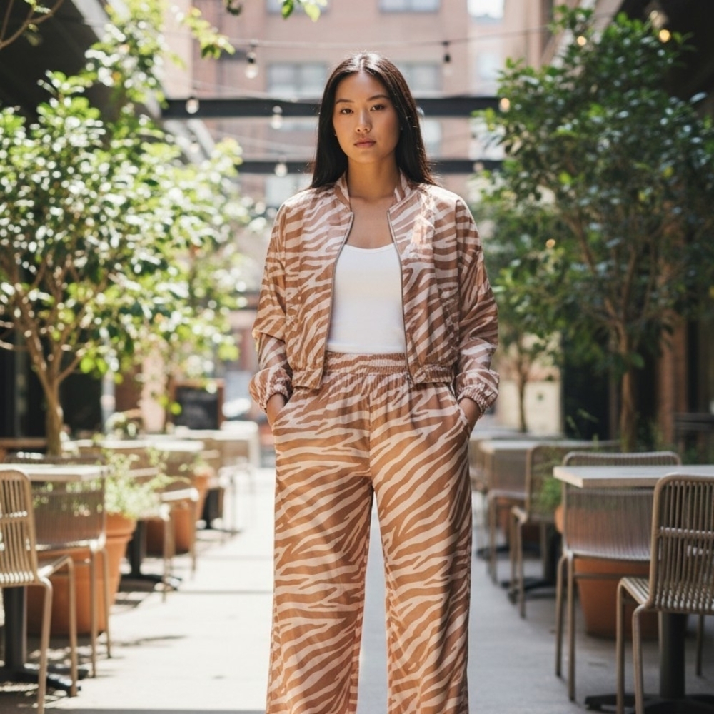 2 Piece Set Woven Zebra-Print Wide Leg Pants with Matching Jacket - Tan